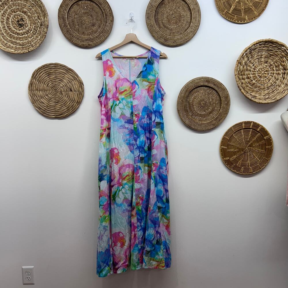$110 Soft Surroundings Long Midi Dress 16 Colorful Flower Floral Pink Blue